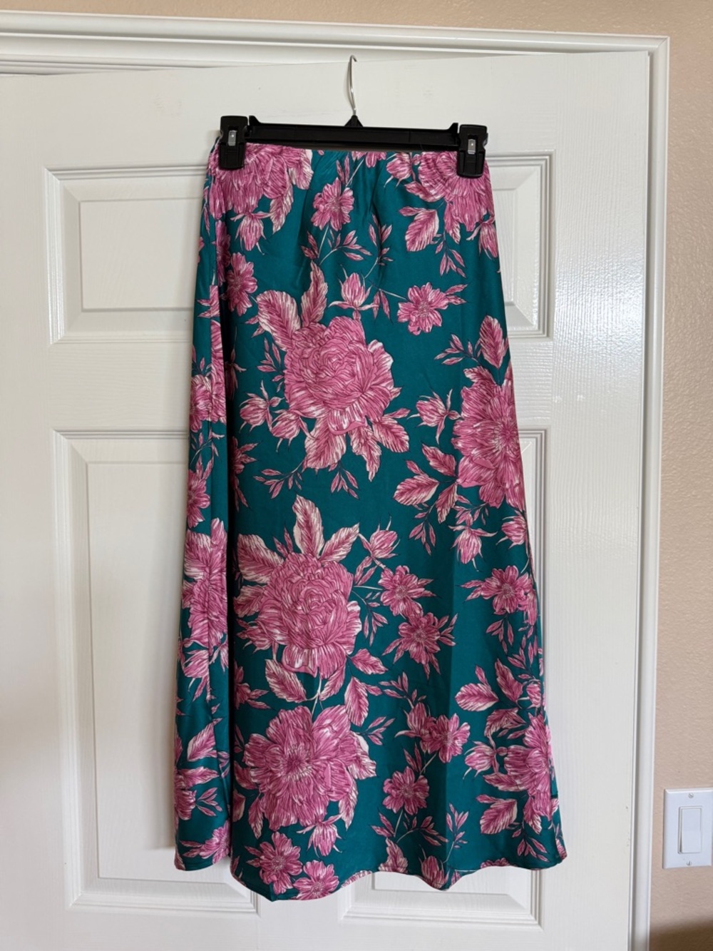 ABEL THE LABEL Teal Floral Midi Skirt with Pink Blooms Sz S